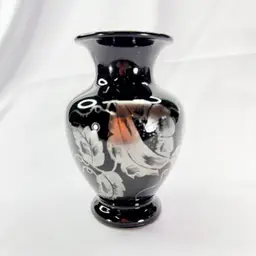 Fenton Hand Painted Silver On Black Glass Vase