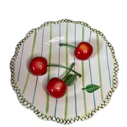 Large 8" MWW Market Cherry Pickin' Plate 3D Cherries Wall Hanging White Green Stripes Cottage Core