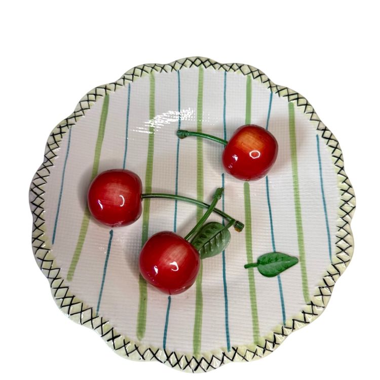 Large 8" MWW Market Cherry Pickin' Plate 3D Cherries Wall Hanging White Green Stripes Cottage Core
