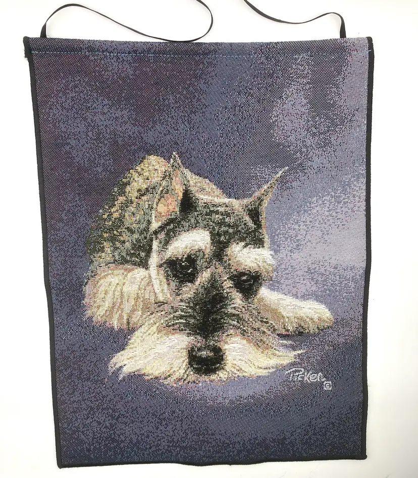 BIN - VTG Linda Picken “Schnauzer Lying Down” Wall Hanging Tapestry 13.5” X 17.5”