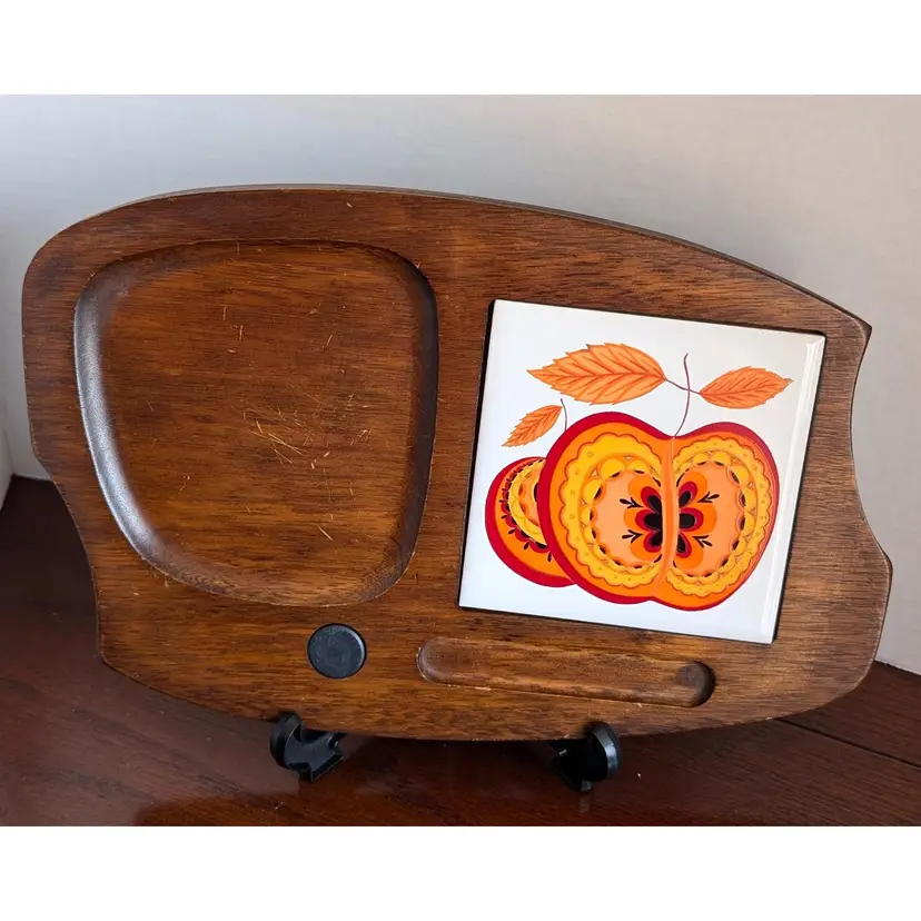 Wood Charcuterie Cheese Board Hand Painted Apple Retro Tile Magnetic Knife Holder Side Handles