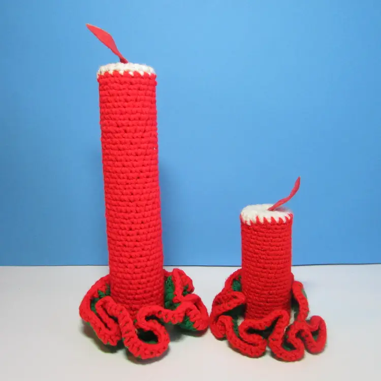 set of 2 red hand crochet candle Christmas decor 10" and 5"