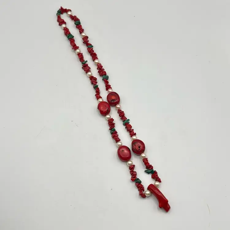 Red Coral Bead & Chip Necklace With Bear Fetish Pendant 12”