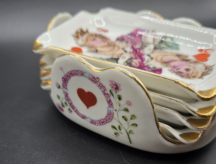 Vintage Japanese Porcelain Playing Card Trinket Dish Set – Gold Trim & Floral Accents