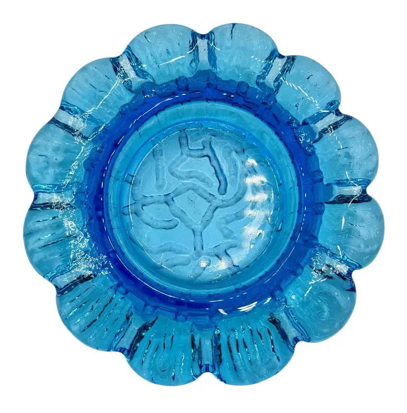 Vintage Heavy Art Glass Bowl Ashtray Catch All Dish Blue Flower Ant Tunnel 7.75”