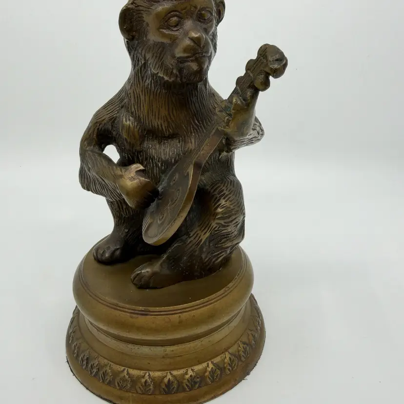 Vintage Brass Monkey Figure Playing Mandolin On Base 7.5”