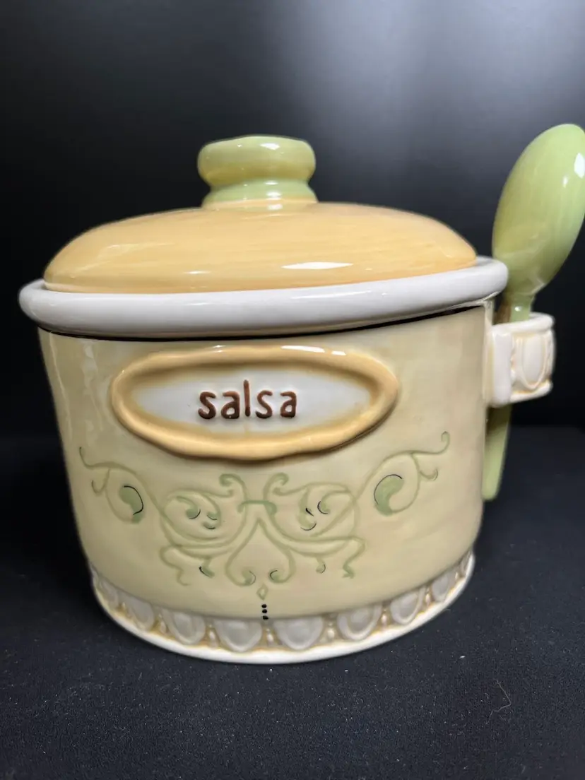 Ceramic 3 Piece Salsa Pot w/ Lid and Spoon-Beautifully Glazed in Yellows, Greens & Ivory-Lot 48