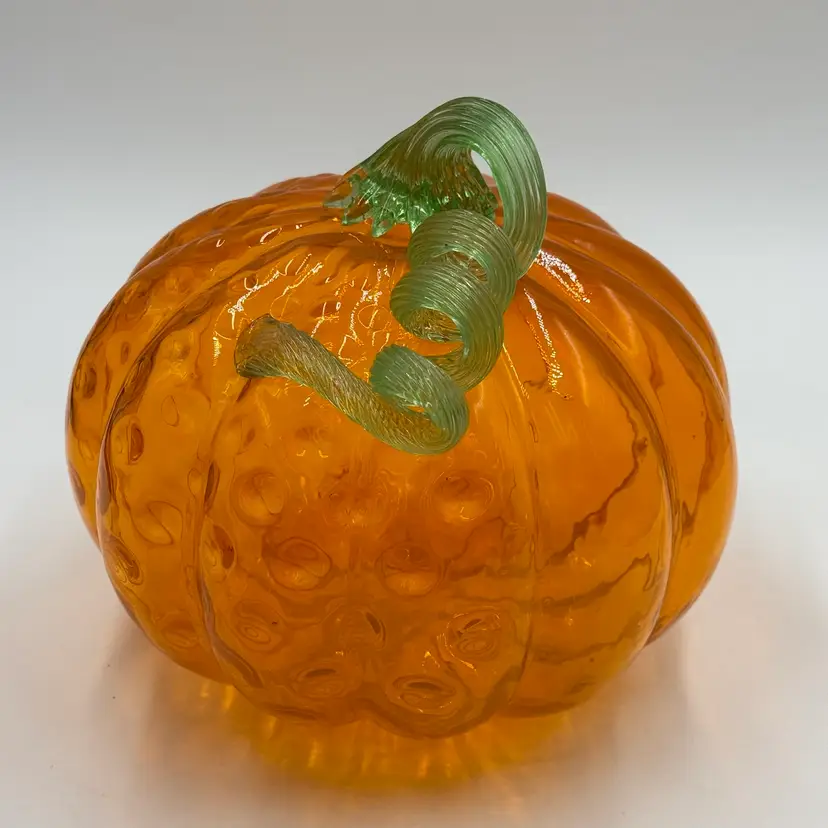Hand Blown Art Glass Orange Pumpkin With Coiled Green Stem Autumn Halloween