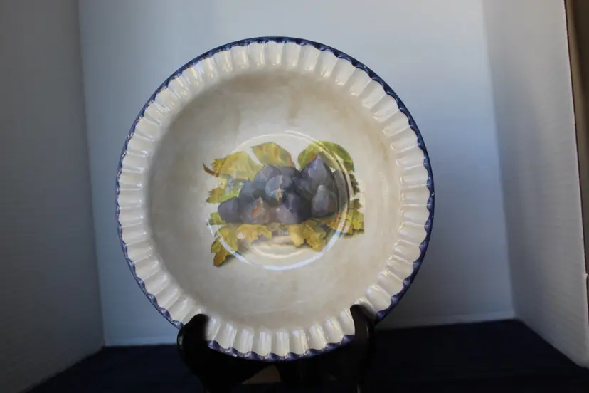 Vintage M&T Italian Made In Italy Serving Round Bowl, Blue Figs 10” Diameter