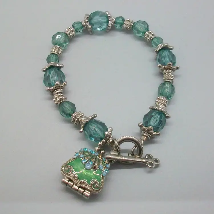 Aqua Blue Bead Toggle Bracelet with Enamel Purse and Key Charms 7"