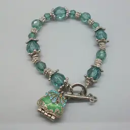 Aqua Blue Bead Toggle Bracelet with Enamel Purse and Key Charms 7"