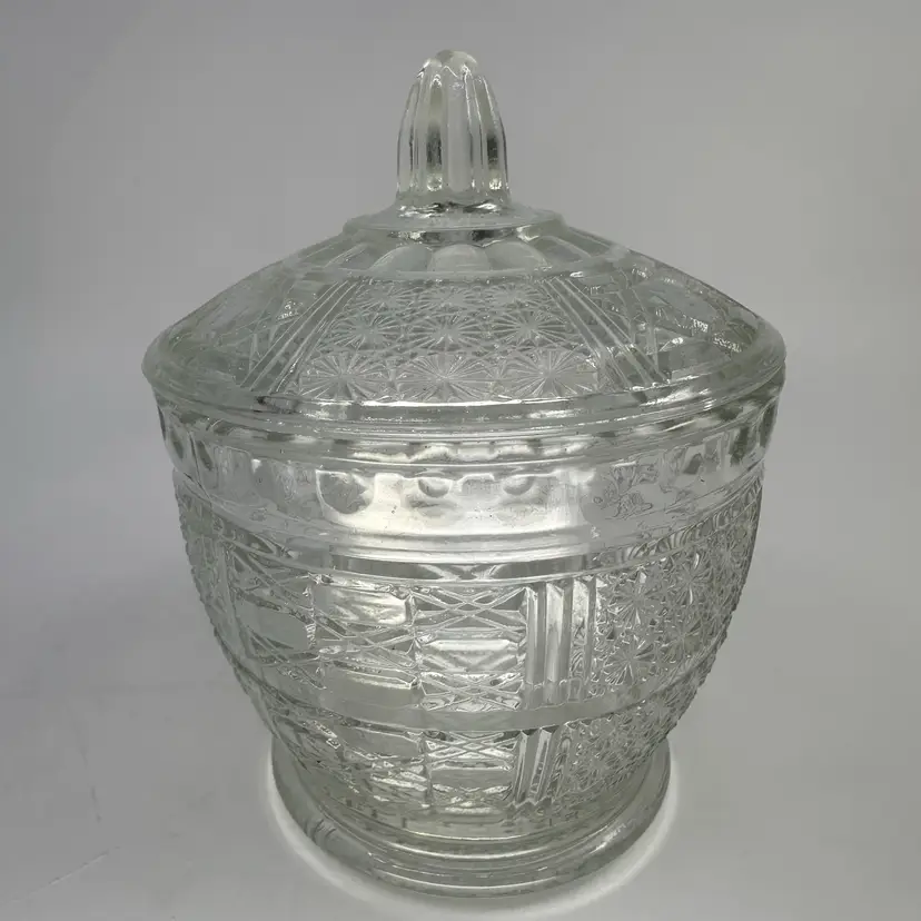 Vintage Indiana Glass Clear Daisy & Cane Candy Dish with Lid