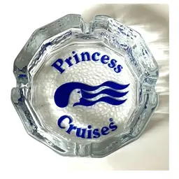 Princess Cruises Clear Glass Octagonal Shape Cigarette Ashtray Trinket Dish Blue Logo Sea Witch 3.8 in Diameter