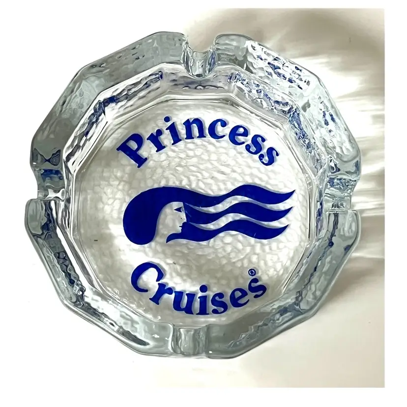 Princess Cruises Clear Glass Octagonal Shape Cigarette Ashtray Trinket Dish Blue Logo Sea Witch 3.8 in Diameter