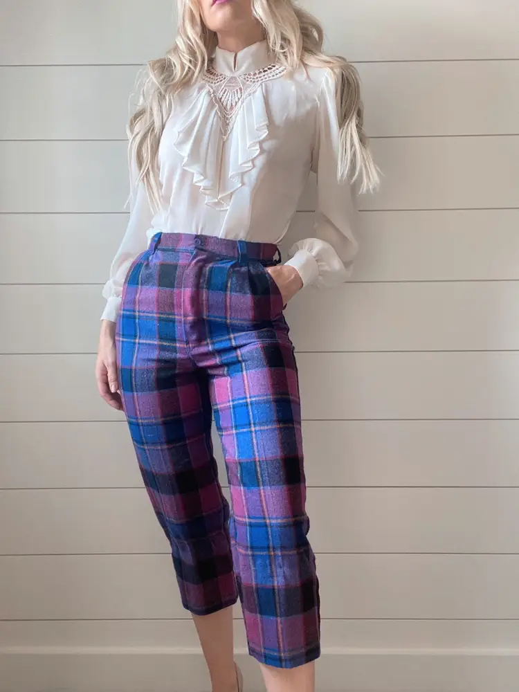 Vintage Wool Cropped Plaid Cigarette Pants 