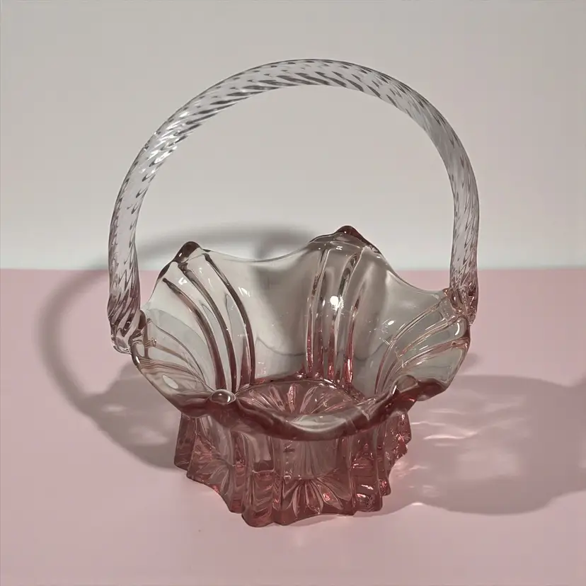 VTG Fenton Pink Glass Basket Ruffled Twisted Handle 8.5" X 6.5" X 6.5"