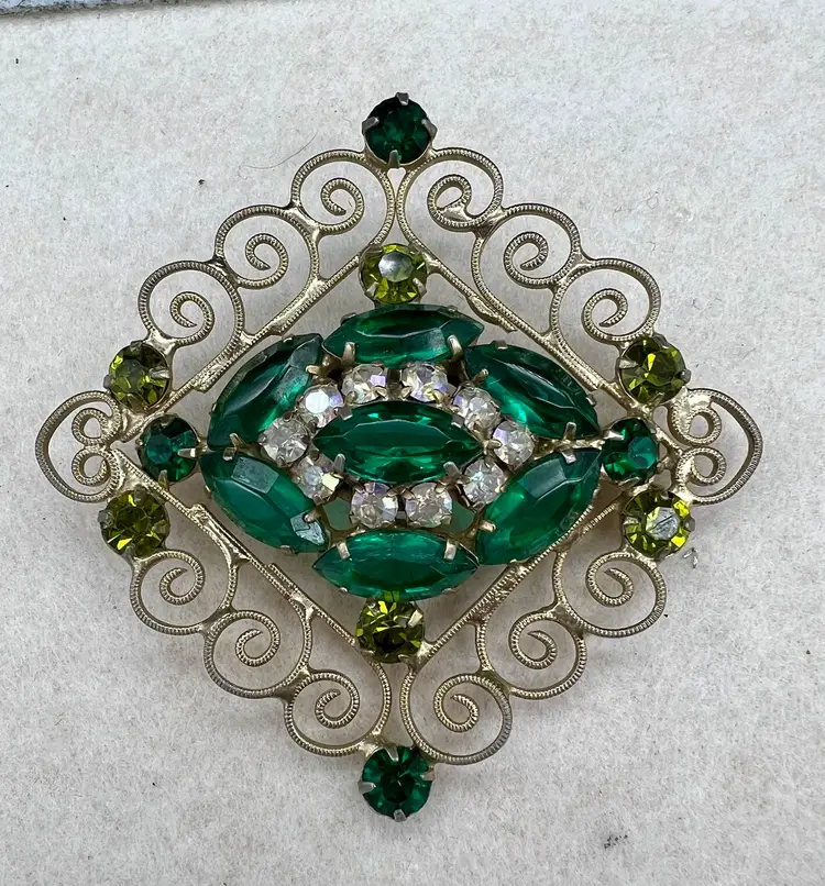 Vintage Estate Large Open Scroll Work Gold Tone Green Rhinestone Brooch