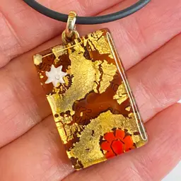 #02 Vintage Murano Glass Rectangle Pendant Necklace Gold Foil Millefiori Black Cord 16.5”
