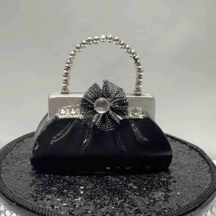 #1578 Black Glitter with Silver Rhinestone Trinket Box, Rhinestone, Ultra Craft Brooch Felt Bottom And Side And Out