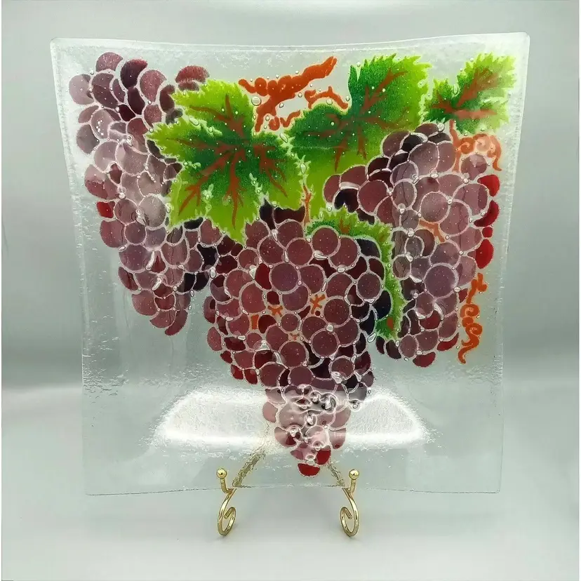 Peggy Karr Fused Glass Tray Serving Platter Grape Clusters 12.5" Signed