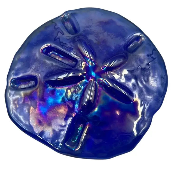 05 Iridescent Blue Glass Sand Dollar Paperweight 3.25”