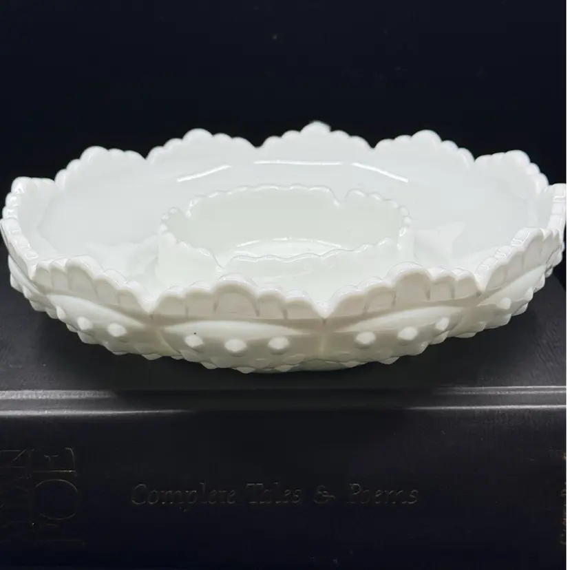 VTG Large Fenton Hobnail White Milk Glass Ashtray or Chip & Dip or Candle Bowl