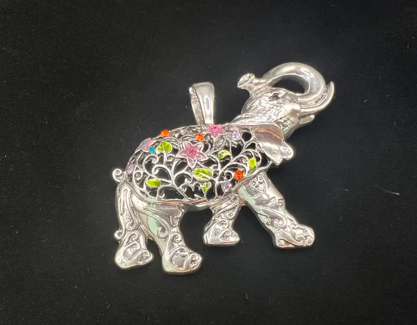 Vintage Enamel & Rhinestone Silver Plated Large ELEPHANT Pendant SIgned