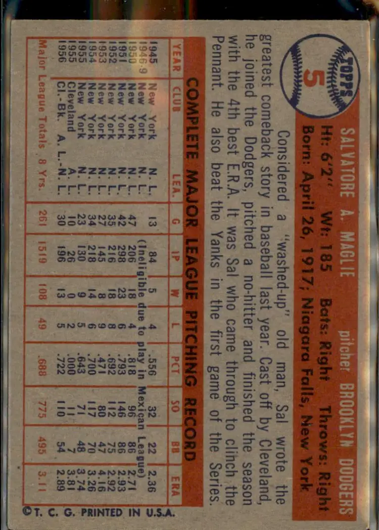 1957 Topps #5 Sal Maglie - ( pk1 ) - Brooklyn Dodgers