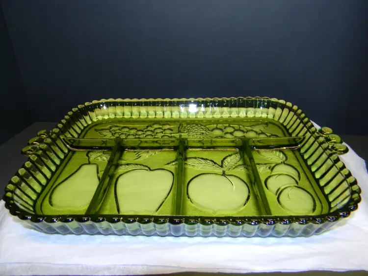 #01 Indiana Glass Divided Fruit/Relish tray, Green Olive in color ( 12 1/2" L x 8 3/4" W x 3/4" H)