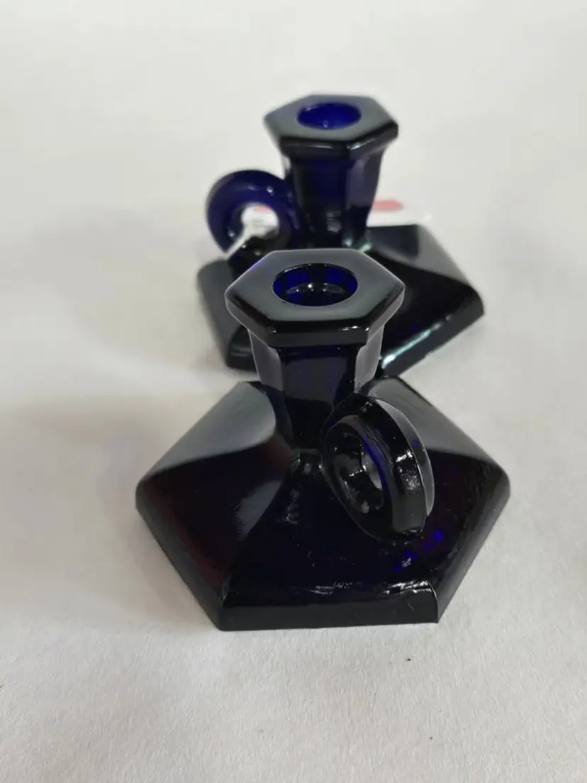 Vintage Pair of Cobalt Blue Small Candle Holders