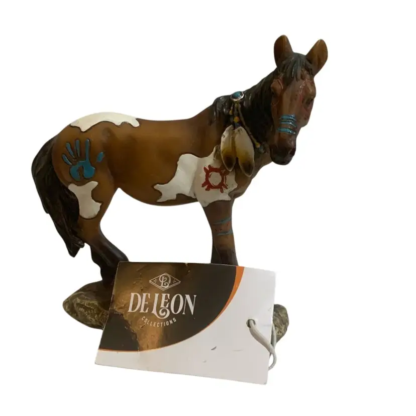 #246   Approximately 5.5” By 3.75” Tall Deleon Collectibles “Standing Pinto Horse” Polyresin Horse Featuring Native American Symbols With Original Tag