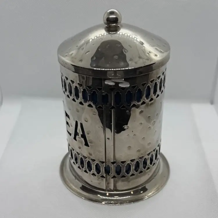 Vintage Hammered Metal Tea Canister With Removable Plastic Blue Insert, Without Spoon