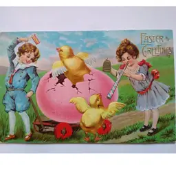 Easter Postcard Fantasy Baby Chicks Pink Egg Cart Flag Horn Colorful Unused