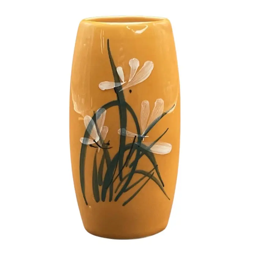 UCGC Orange Hand Painted Ceramic Vase White Flowers Green Grass Vintage