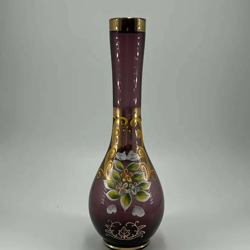Purple Glass Vase, Gold Floral