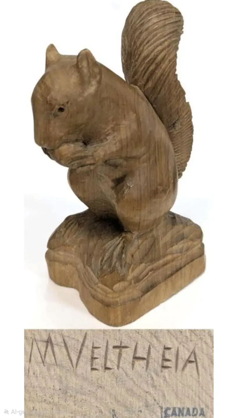 Hand-Carved Wood Squirrel Figurine by M VELTHEIM, Canada, 6.5" Signed Folk Art Sculpture