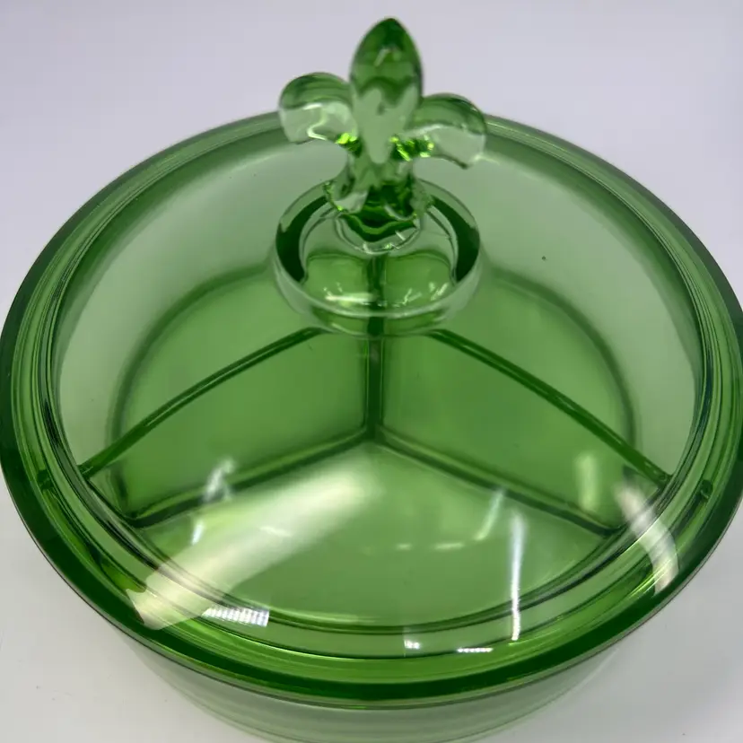 Fostoria Uranium Glass Fleur deLis Lidded and Divided Candy Dish