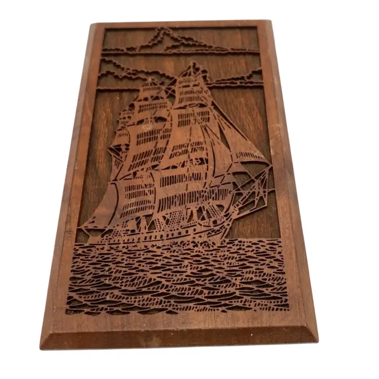 Vintage Lasercraft Double-Masted Ship Paperweight, Laser Engraved, American Walnut