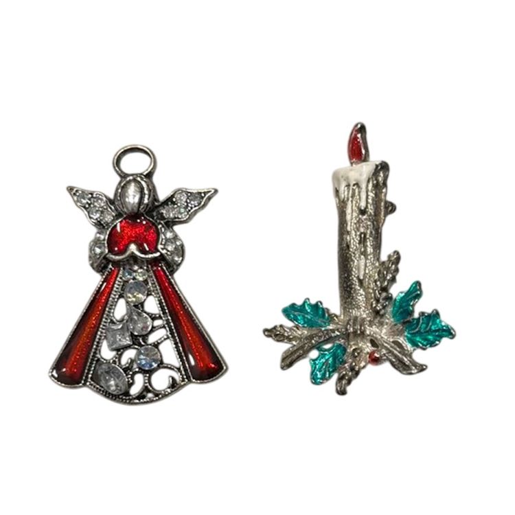 Lot (2) Vintage SilverTone Enamel Christmas Brooches 1 Angel Pave Rhinestone Crystals, 1 Candle Signed Gerry’s