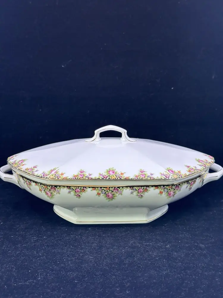 Vintage Czechoslovakia Porcelain Covered Casserole Serving Dish  Gold Trim