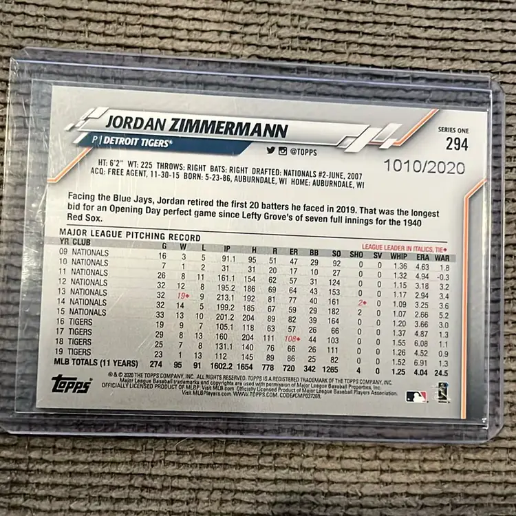 Jordan Zimmermann/2020. 2020 Topps Series One. Detroit Tigers.