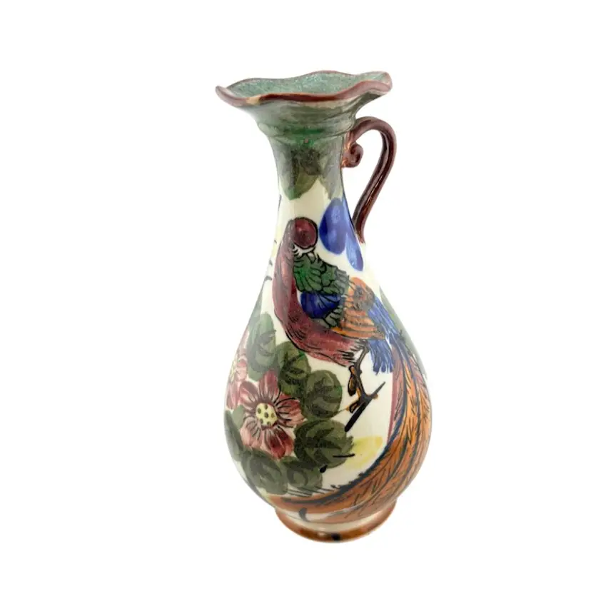 Vintage Japanese Hand painted Vase Featuring A Peacock 7” Tall x 3.25” Wide