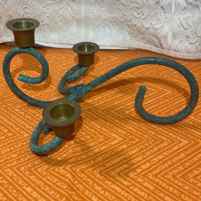 Heavy Metal Candelabra With A Green Patina Look Brass Candle Holders