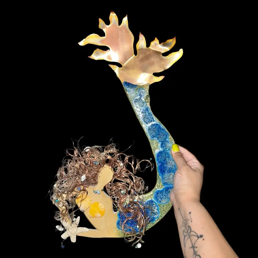 Elizabeth Collins Signed Mermaid Wall Sculpture | Mixed Media Art | Crackle Glass, Copper & Wire | Spring 2009