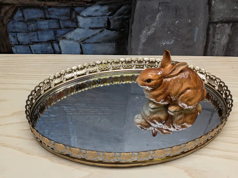Vintage Gold Ornate Metal Framed Oval Vanity Dresser Mirror 9"x13” Hollywood Regency 80s