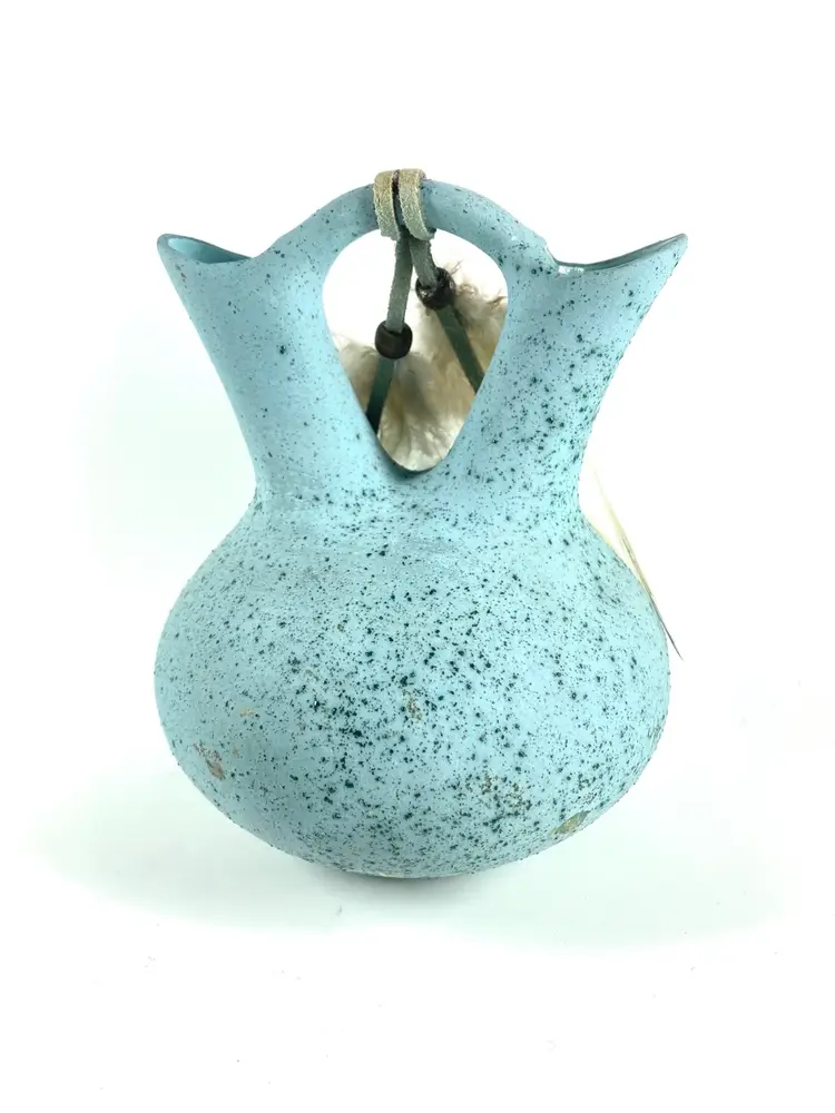Southwestern Native American Pottery Navajo Wedding Vase Blue w Feathers