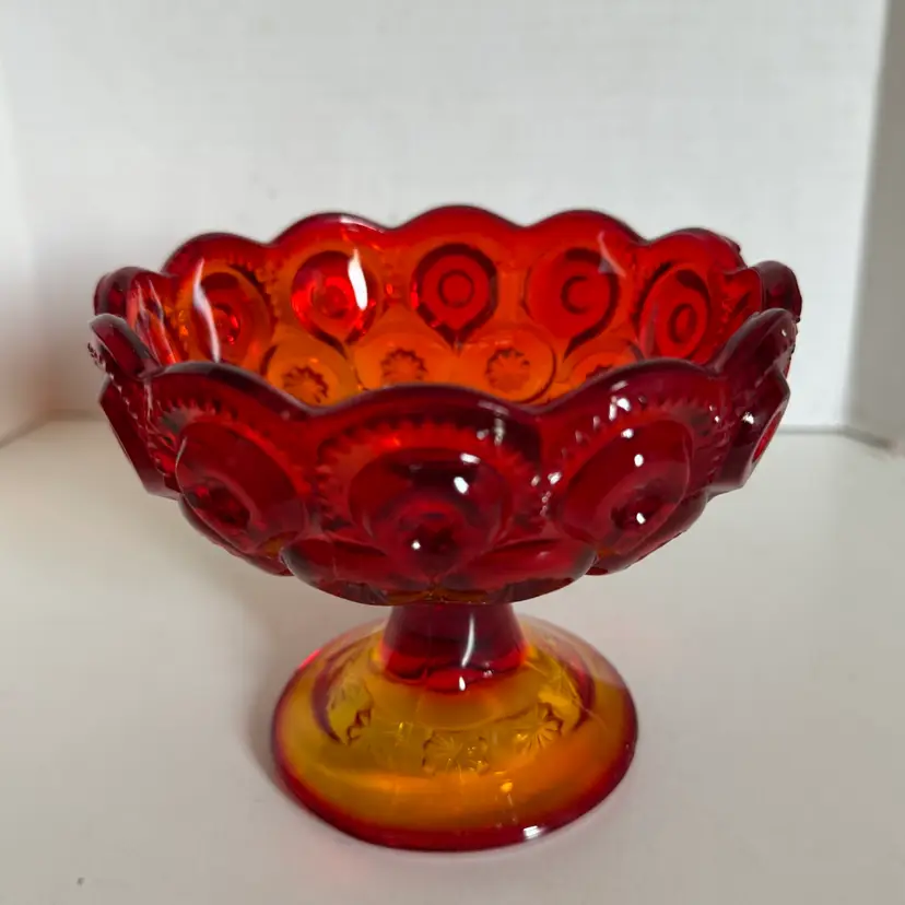 Vintage L.E Smith Small Red Amberina Moon and Stars Pedestal Dish Glows