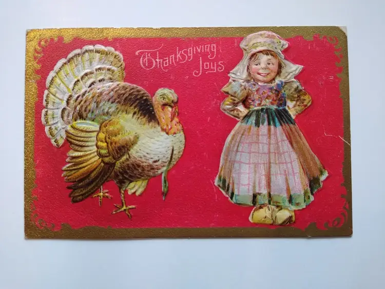 Thanksgiving Postcard Dutch Girl Wooden Shoes Turkey Joys Series 6 Embossed