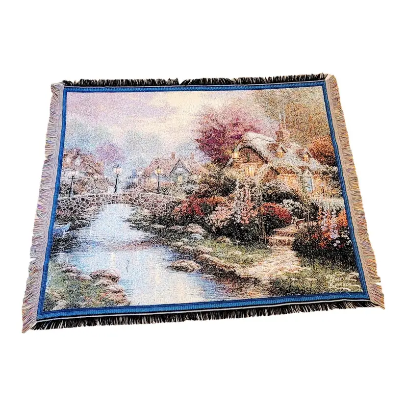 Thomas Kinkade Tapestry Throw Blanket Lamplight Bridge Painter of Light USA Made