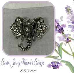 Silver Tone Elephant Brooch With Rhinestone And Black Glass Accents